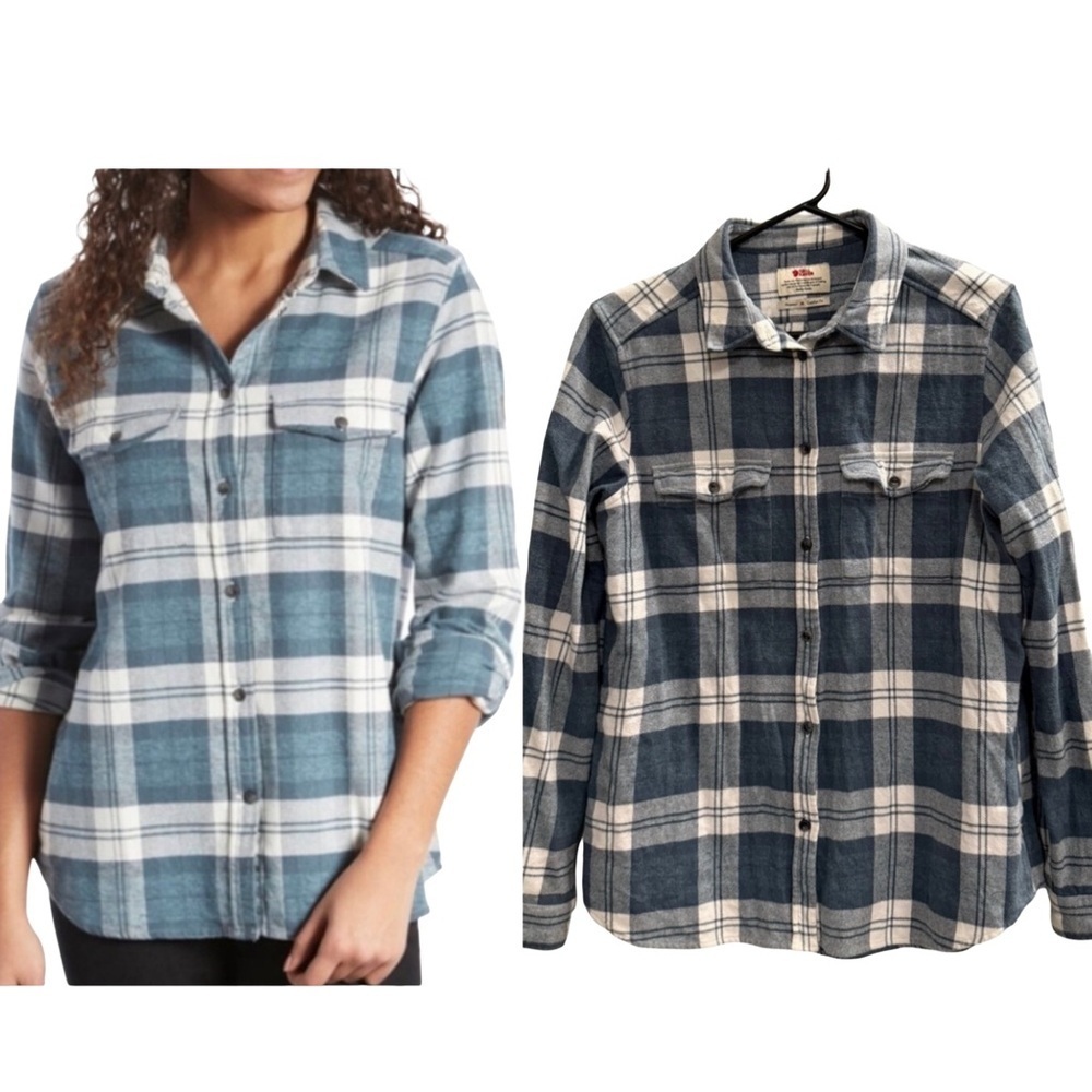 FJALLRAVEN Ovik Heavy Flannel Button Down Shirt Blue White Plaid Size Small